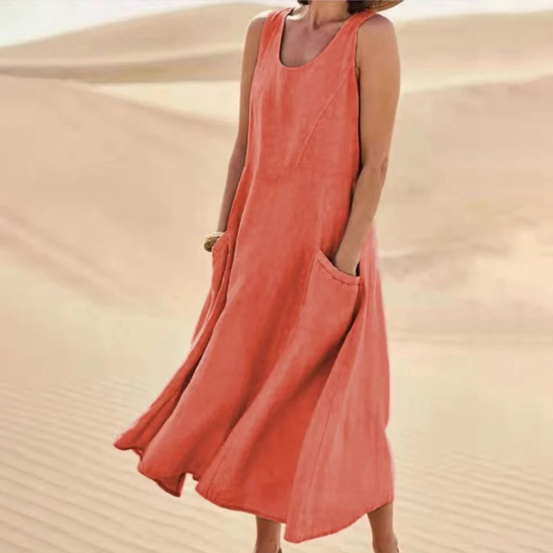 Women Casual Sleeveless A Line Dress with Pockets Vintage Hrajuku Loose Midi Length Maxi Dress Summer O Neck Cotton Linen Dress
