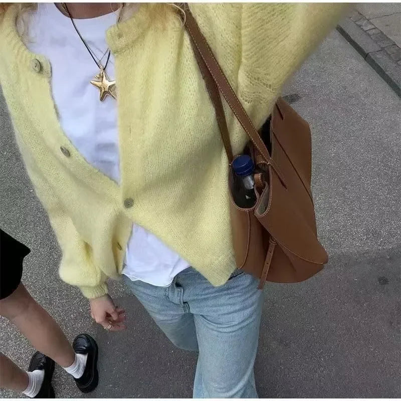 Women Mohair Knit Cardigan O Neck Elegant Lantern Long Sleeve Oversized Loose Fluffy Sweater Coat Autumn Winter Casual Knitwear