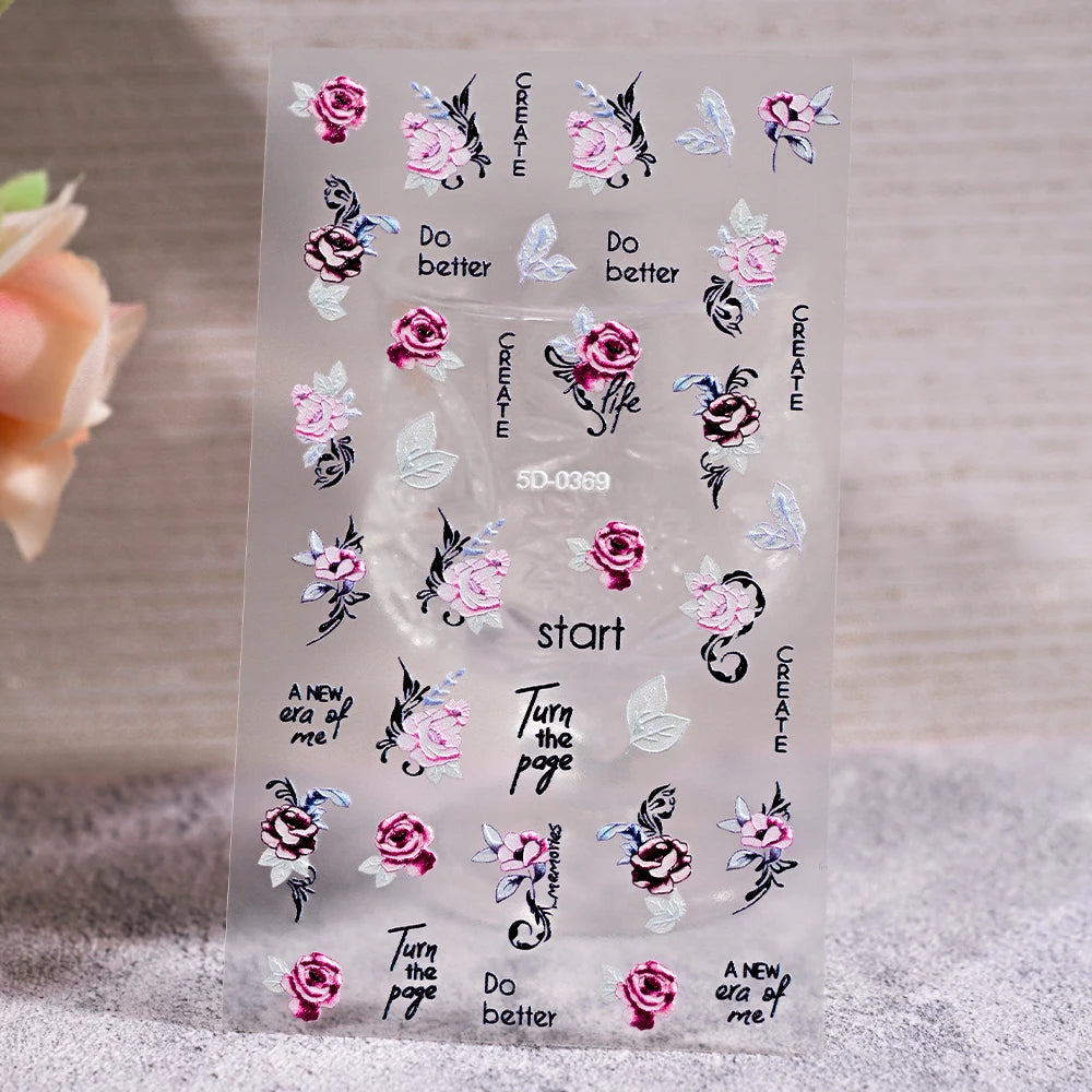 1Pc 5D Embossed Lavender Flower Nail Sticker Spring Floral Leaves Self-Adhesive Sliders Rose Heart Decals Manicure Decoration