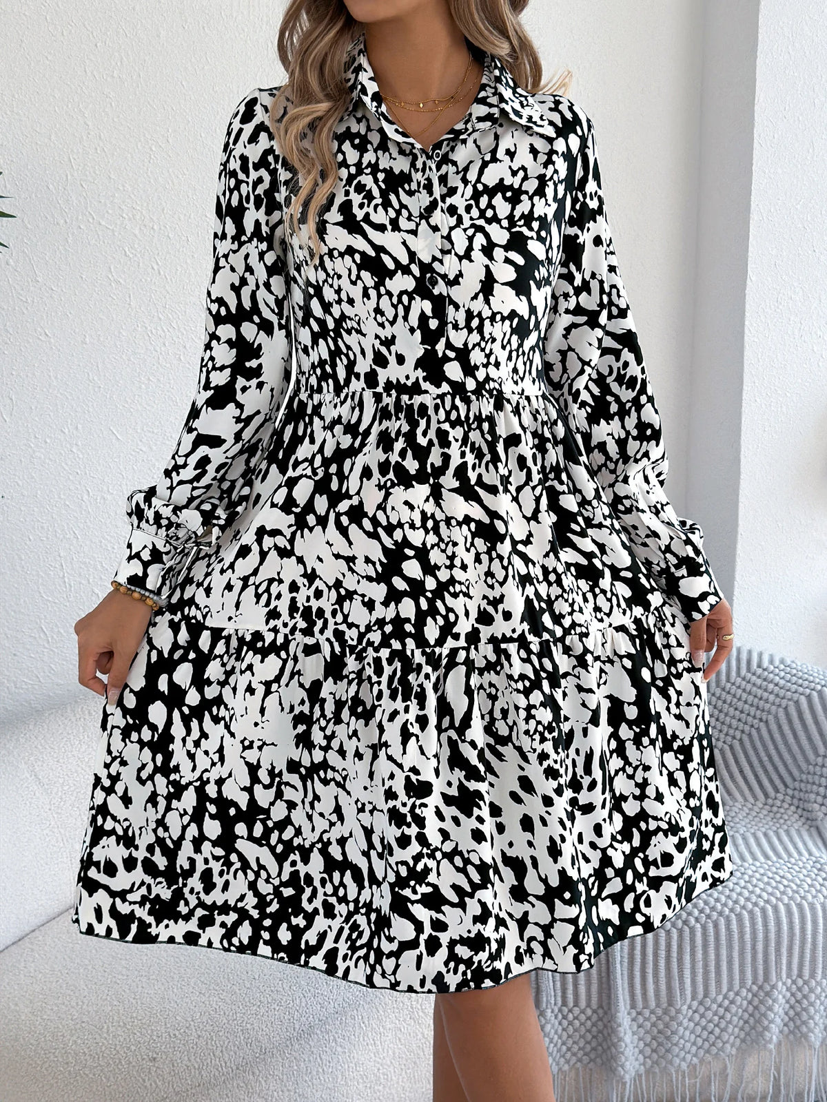 Spring Autumn Casual Vacation Single Breasted Turn Down Collar Long Sleeved Leopard Print Dresses for Women