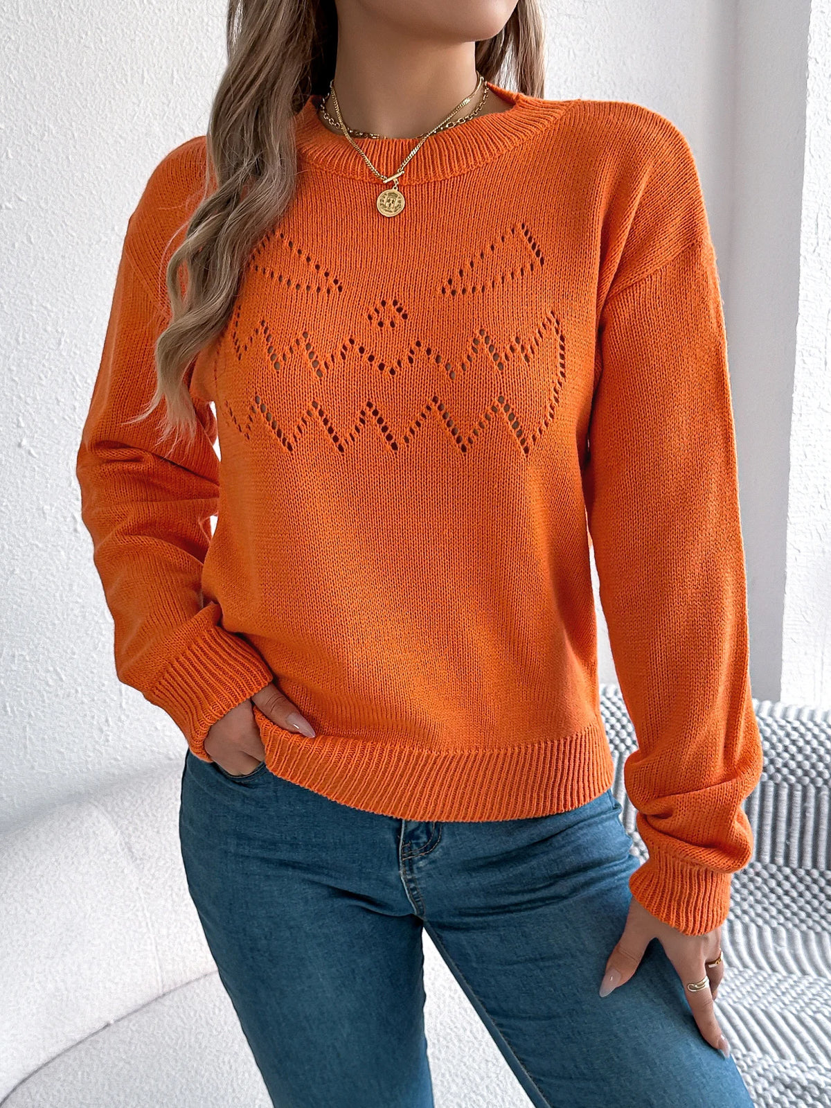 Halloween Women Sweaters for Autumn Winter Casual Solid Color Pumpkin Pattern Long Sleeve Knitted Pullover Tops Orange Khaki Red