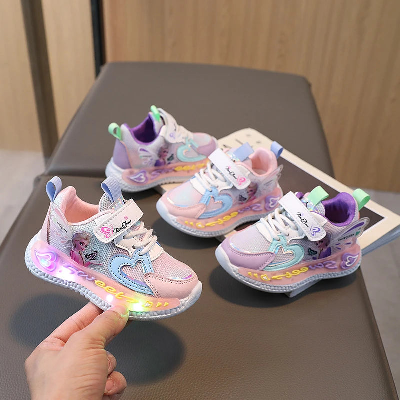 Disney Children Led Shoes Frozen Princess Elsa Girls Sneakers Fashion Cute Mesh Breathable Kids Casual Shoes Lighted Anti-slip