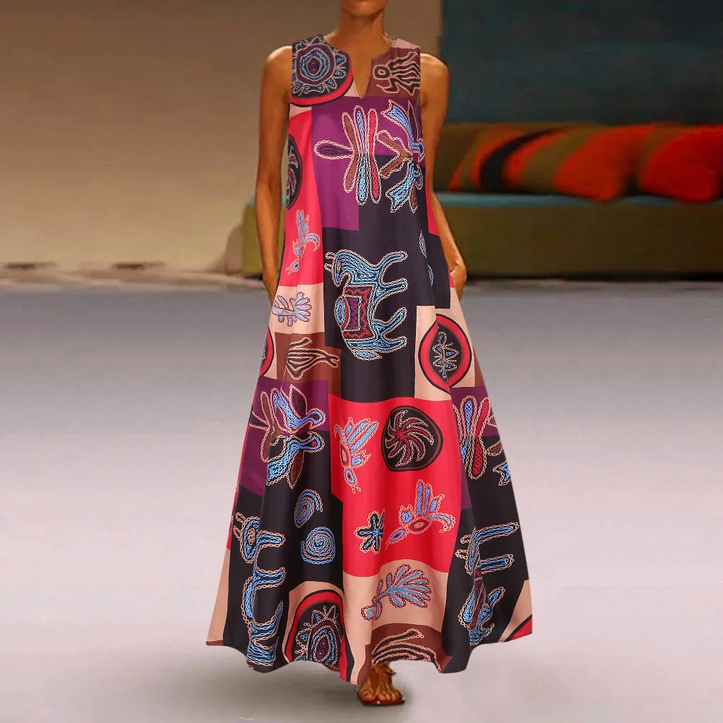 Summer Retro V-Neck Sleeveless Maxi Dress – Loose Artistic Print