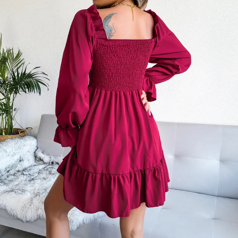 Spring Summer Casual Solid Color Square Neck Flared Long Sleeve Ruffled Dress Red Orange Green Black 2026 Fashion Woman Clothing