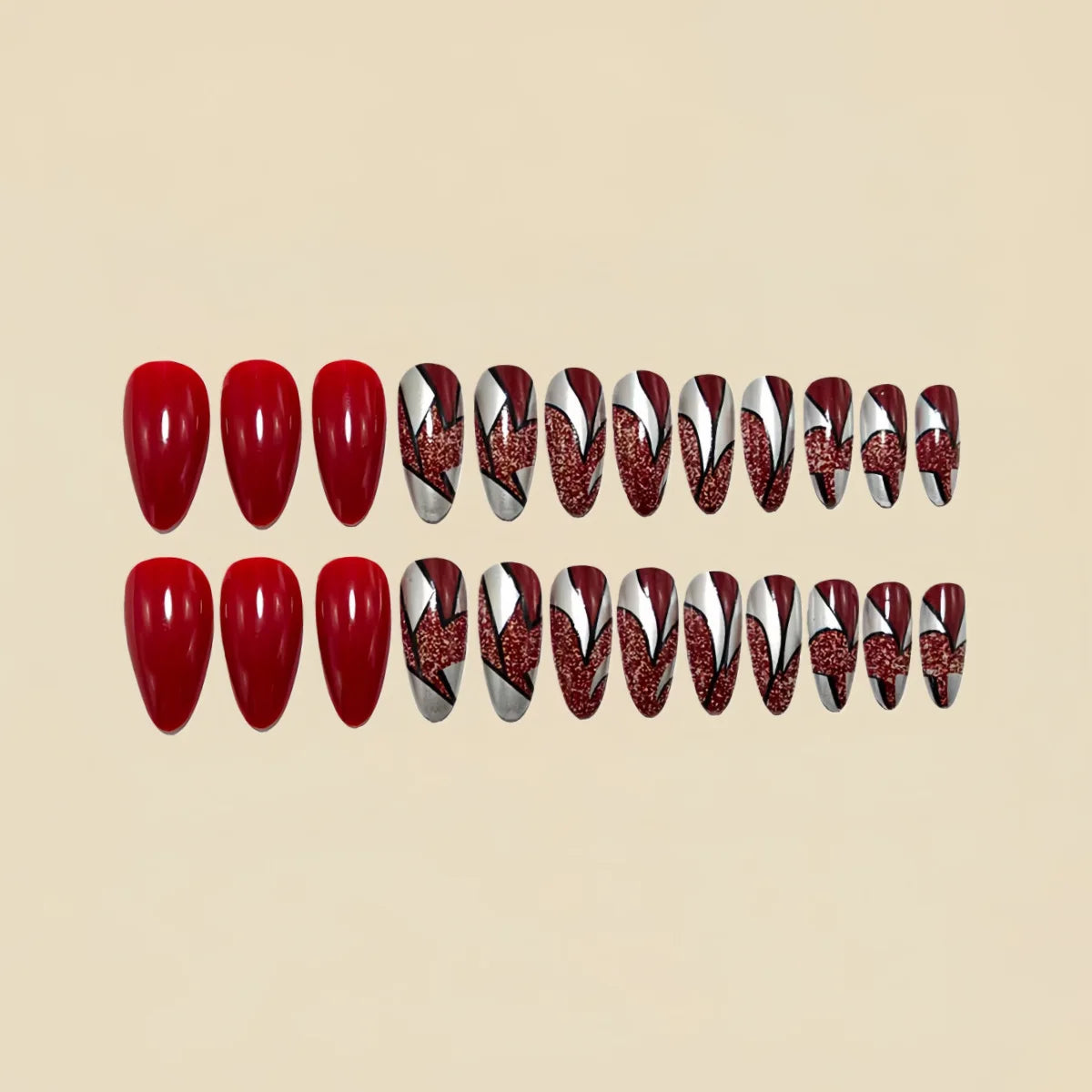 Medium long fake nails for women gilrs wine red colors with strips print almond ballet shape full cover press on false nail art