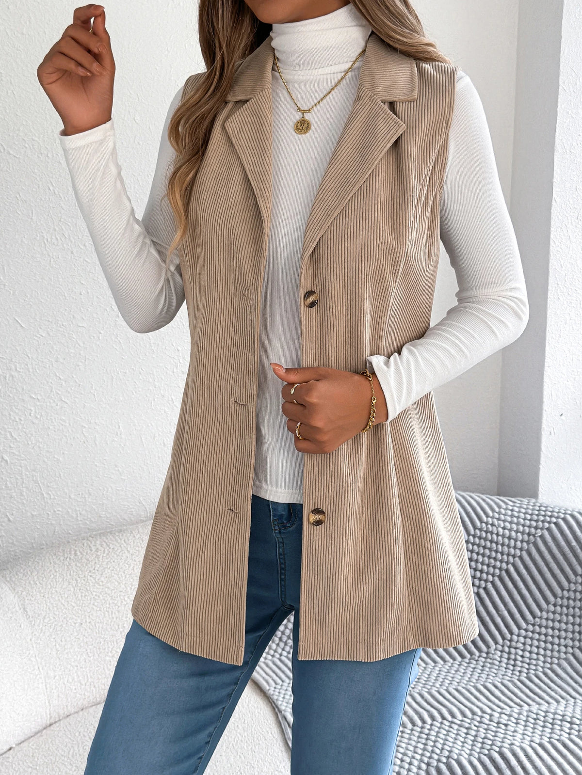 Autumn Winter Corduroy Coat Women 2026 Casual Solid Color Single Breasted Lapel Sleeveless Jacket Khaki Red Black Woman Clothing