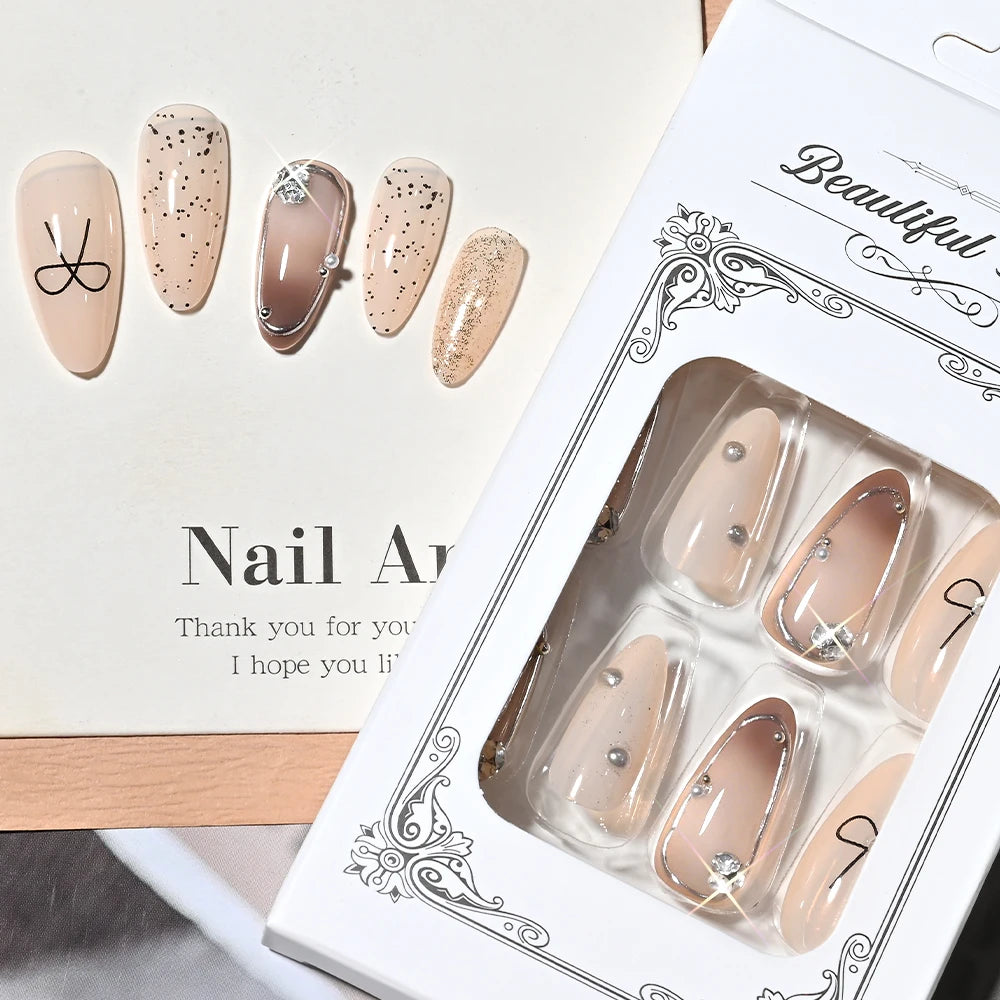 24Pcs Almond Bow Design Press on Nails French Silver Border Stripe False Nails with Pearl Shiny Rhinestone Full Cover Fake Nails