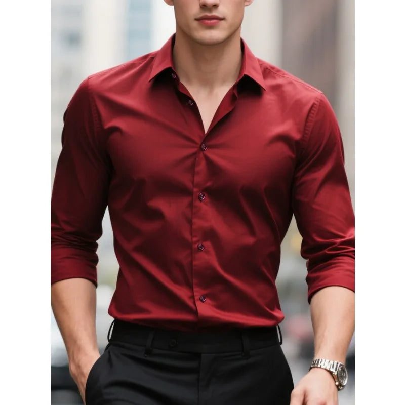 2025 Men's Shirt Brand New Solid Color Long Sleeve Smart Casual Four Season Elastic Male Business Shirts