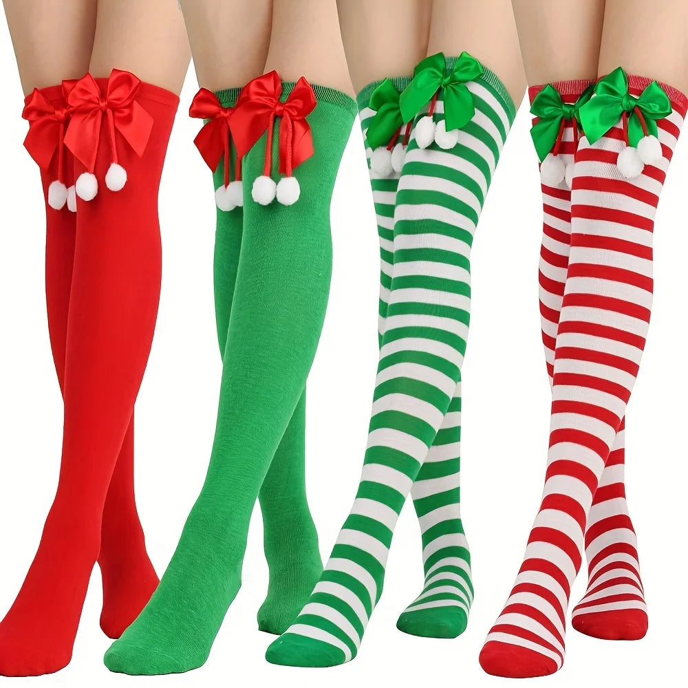 4-Pack Sweet Striped Stockings For Women Christmas Green Red Bows Cute Socks Over The Knee Long Socks Girls Stocking Students