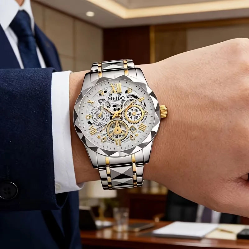 Fashion Skeleton Dial Men Business Watches Luxury Stainless Steel Calendar Quartz Wristwatch Relogio Masculino (Without Box）