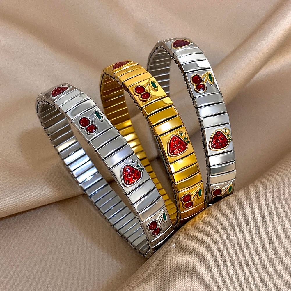 316L Stainless Steel Gold Color Strawberry Cherry Elastic Bangle Bracelet For Women Men Statement New Trend Wrist Jewelry Gift