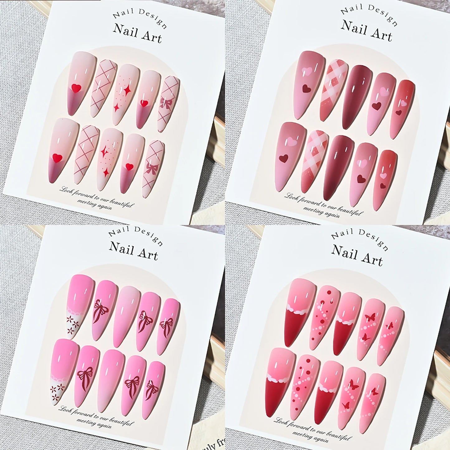 96pcs Gradient Long Almond Full Cover Fake Nails Tips with Bow Heart Plaid Design Blush Stiletto False Nails Women Press on Nail