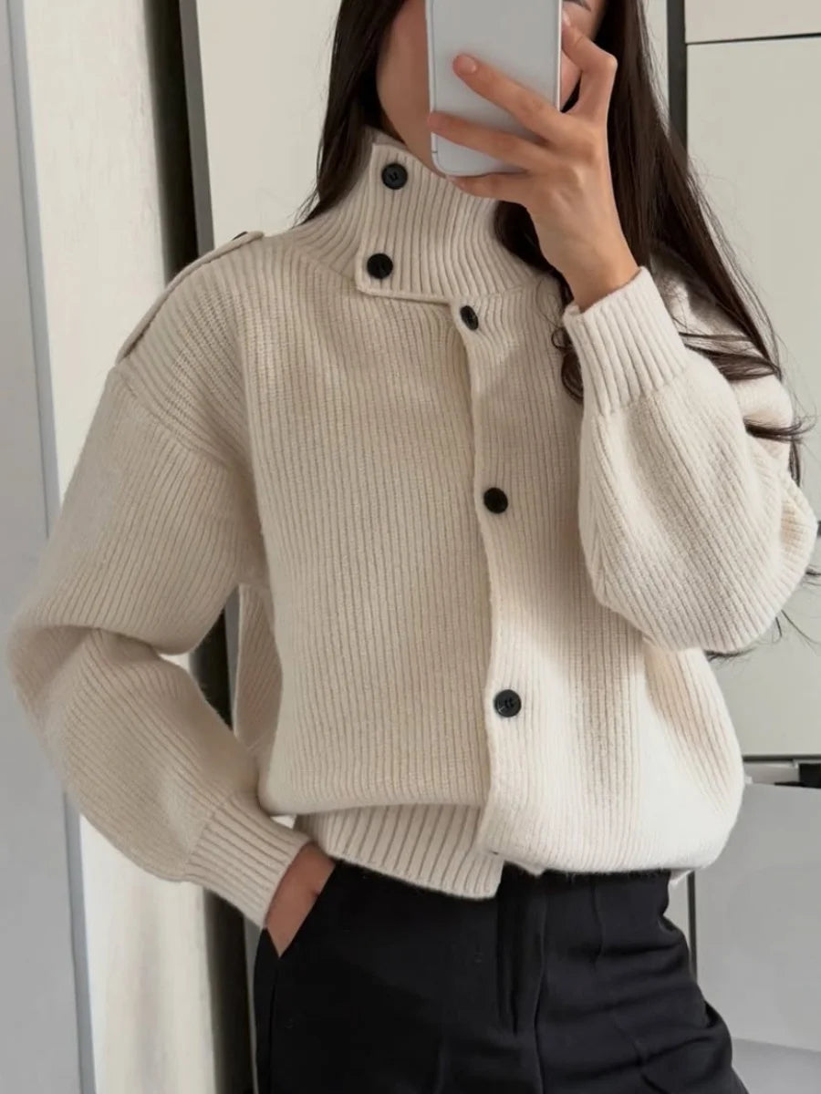 Casual Solid Knitted Cardigan For Women Long Sleeve Button Turtleneck Loose Warm Soft Sweaters Fashion Autumn Winter Outerwear