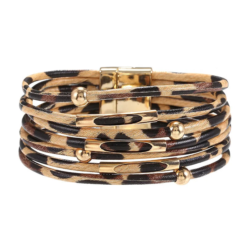 ZAKOL Retro Metal Tube Sexy Leopard Print Leather Bracelet For Men Women Boho Multi-Layer Wrapped Bracelets Charm Jewelry
