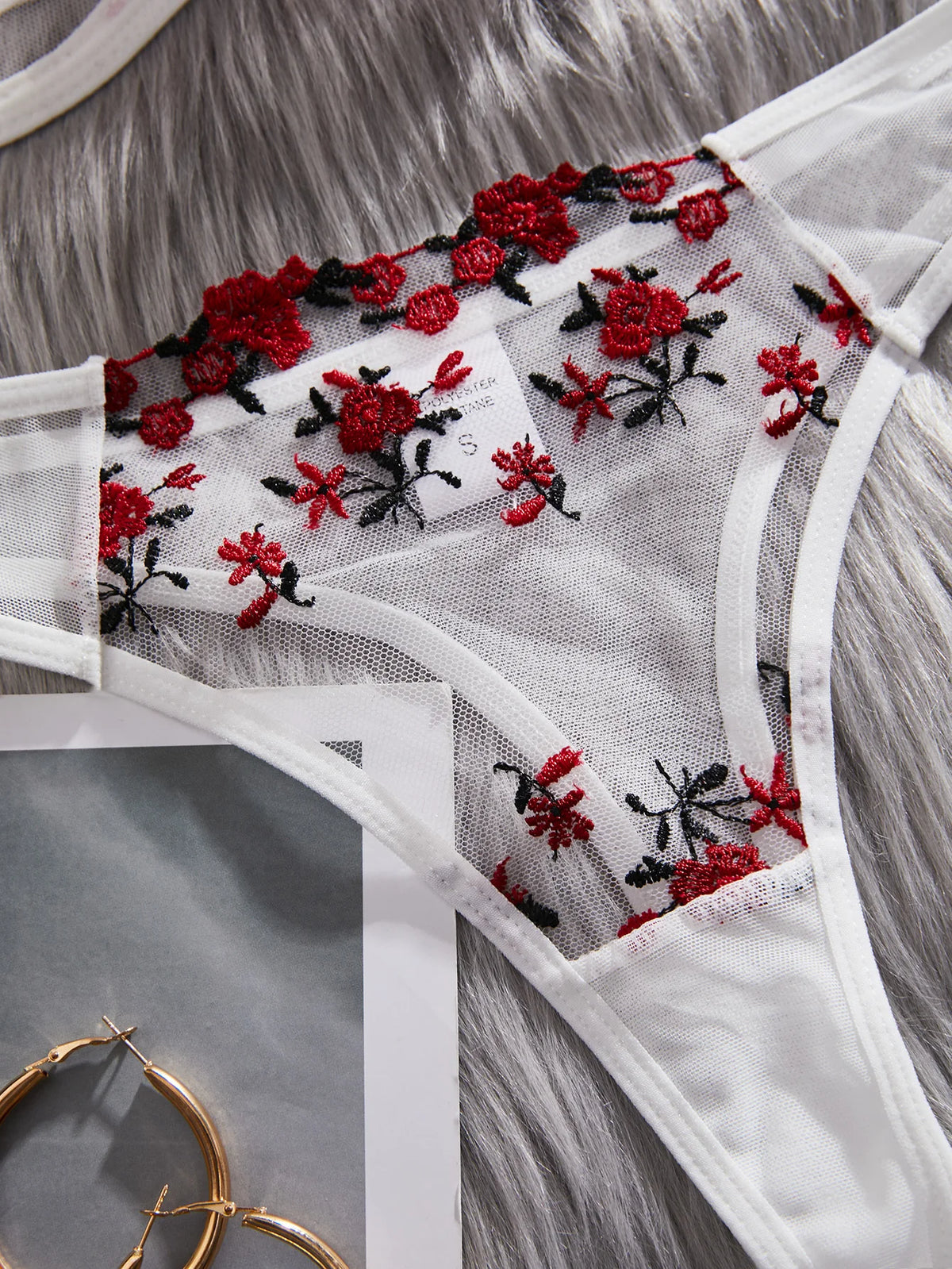 White And Red Floral Embroidery Bra Set Women's Half Cup Underwear Thin Breathable Thong 2-Piece Set Valentine's Day Gift