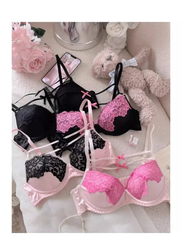 MOYISU Sweet Trap French Bow Bra Set - Wireless Push-Up for Petite Chest, Pure Seduction Lace Bralette with Elegant Ribbon Charm
