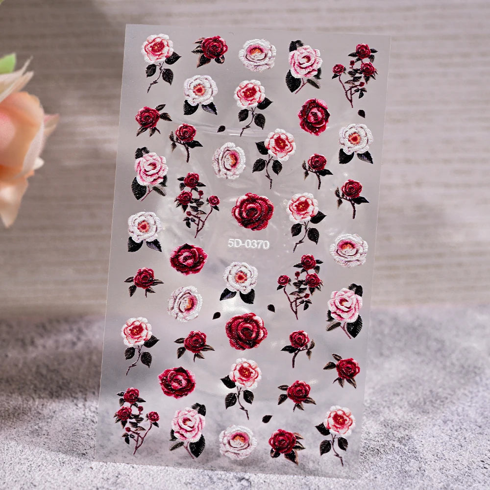 1Pc 5D Embossed Lavender Flower Nail Sticker Spring Floral Leaves Self-Adhesive Sliders Rose Heart Decals Manicure Decoration