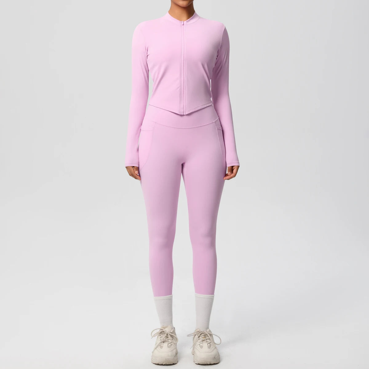 2PCS Yoga Suit Women Gym Set Leggings With Pocketed Women Tracksuit Running Zipper Workout Sportswear Long Sleeve Sports Shirt