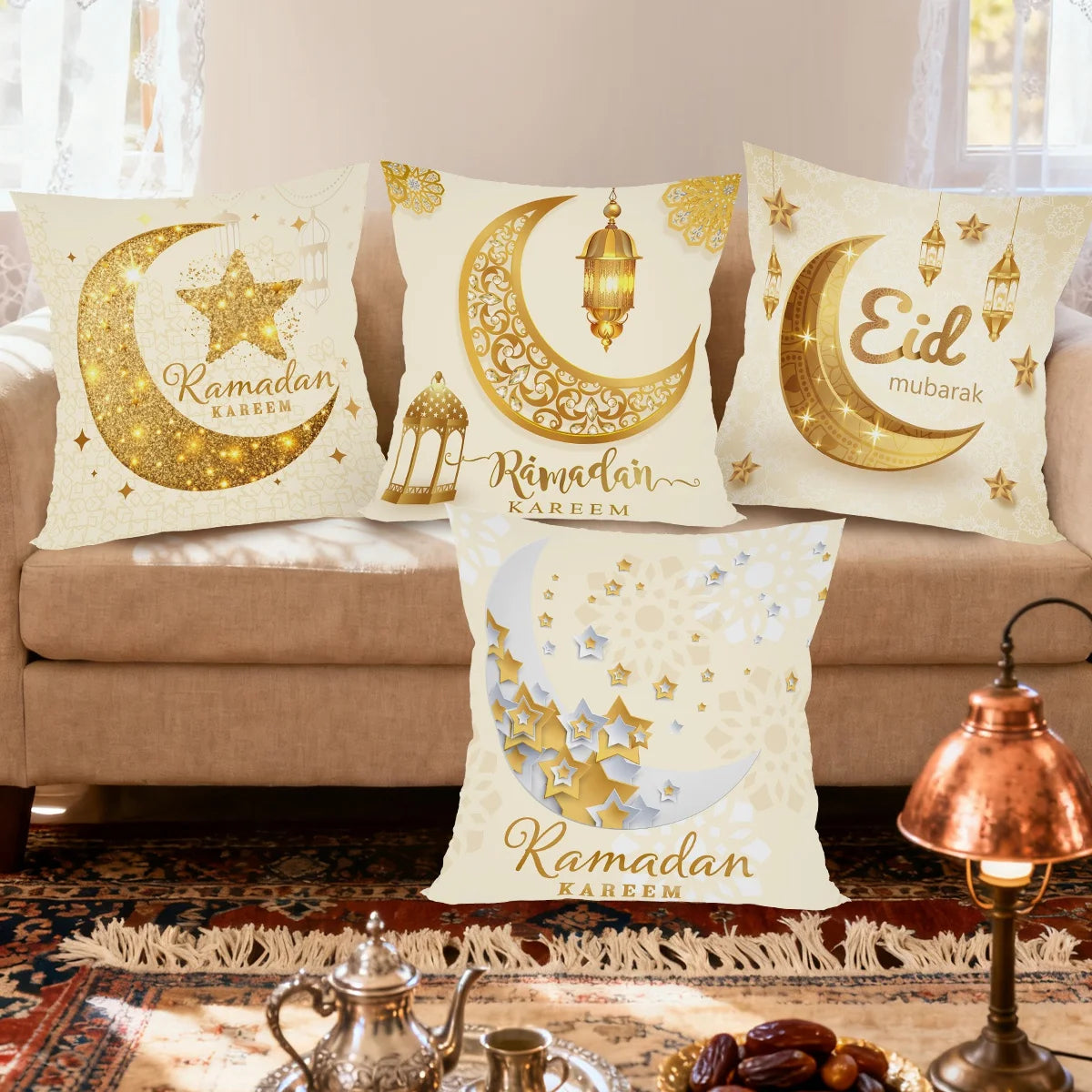 2026 Ramadan Kareem Pillow Cover Set – 4PCS Islamic Sofa Decor