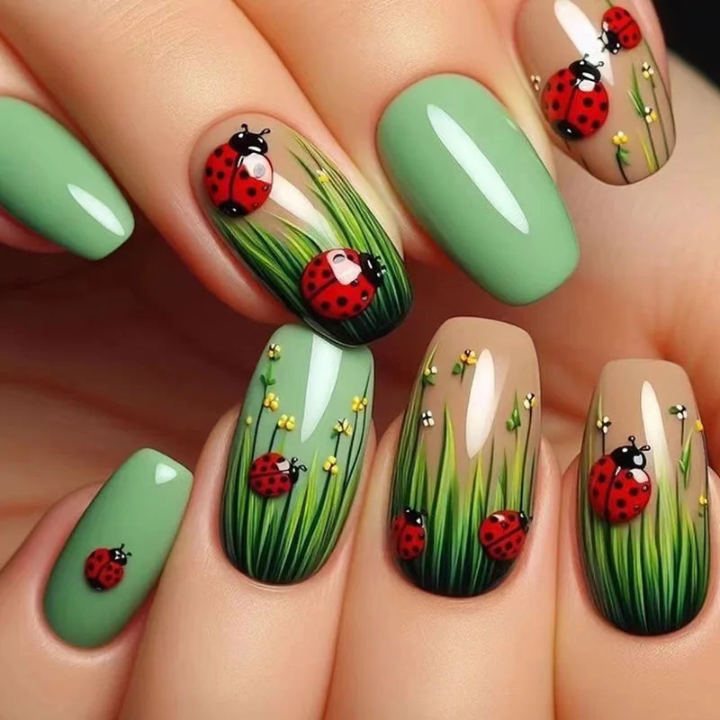 24Pcs Mid-length Ballet False Nails Red Love Pattern Design Press on Nails Simple Wearable Finished Coffin Fake Nail Tips