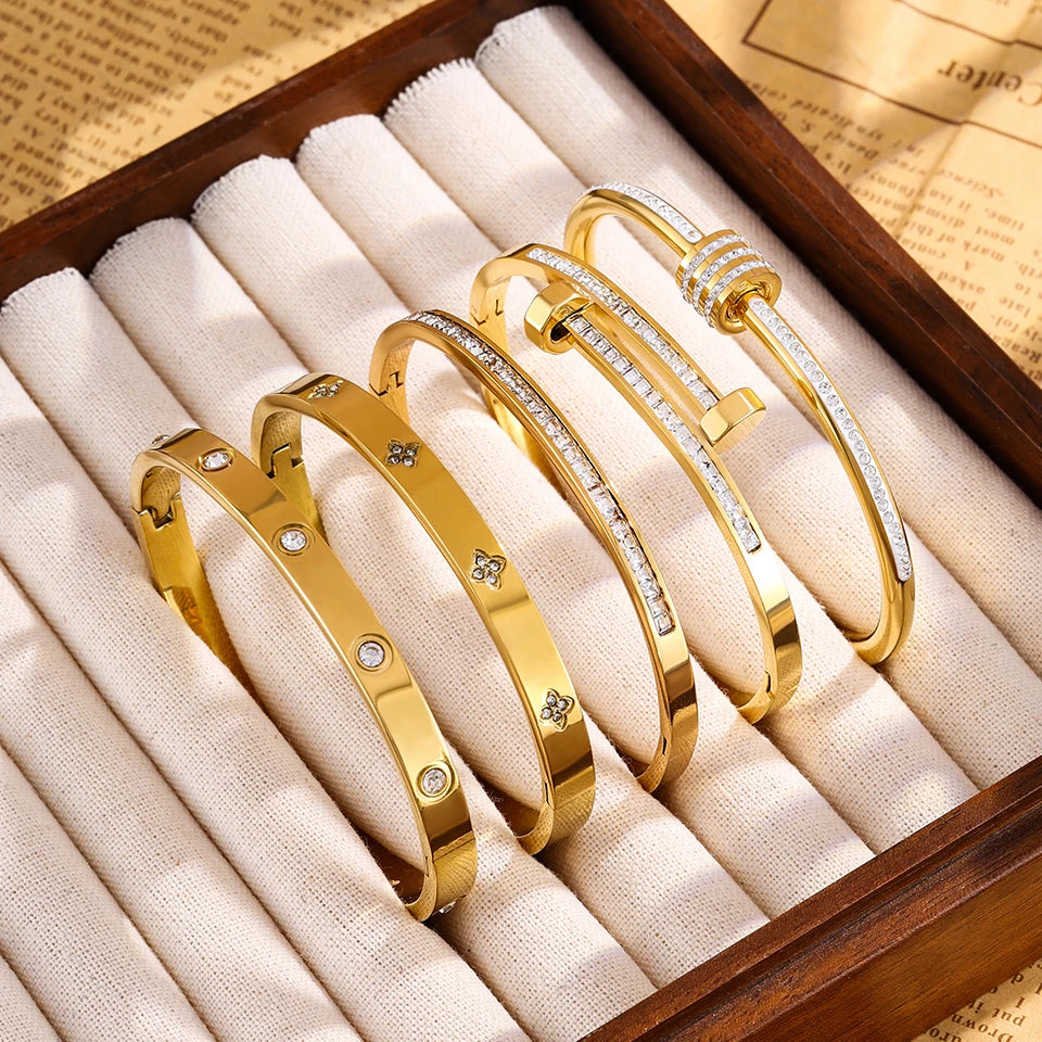 Titanium Steel Stacked Bracelet Couple's Shiny Zircon Inlaid Stainless Steel Bangles Gold Color Female Jewelry Gift