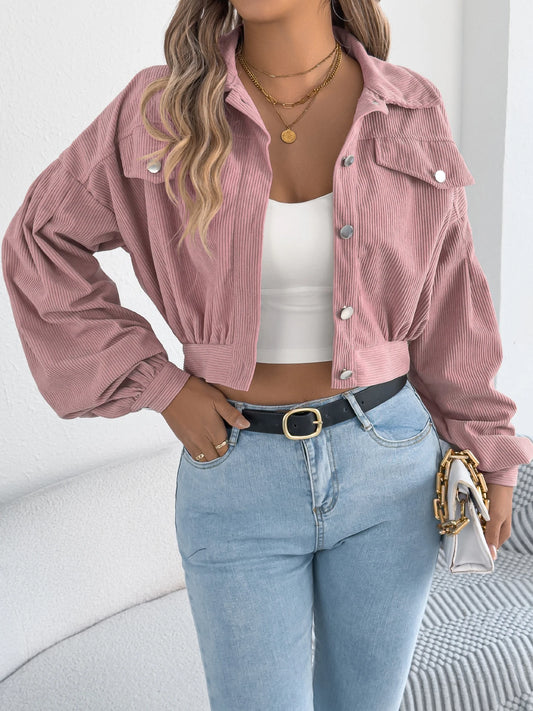 Women's Single Breasted Corduroy Cropped Jacket for 2026 Autumn Casual Solid Color Turn Down Collar Lantern Long Sleeve Coats