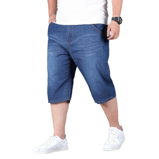 New Big Size Long Length Men's Shorts Loose Stretch Jean Bermuda Male Thin 3/4 Capris Summer Light Large Plus Fat Denim Breeches