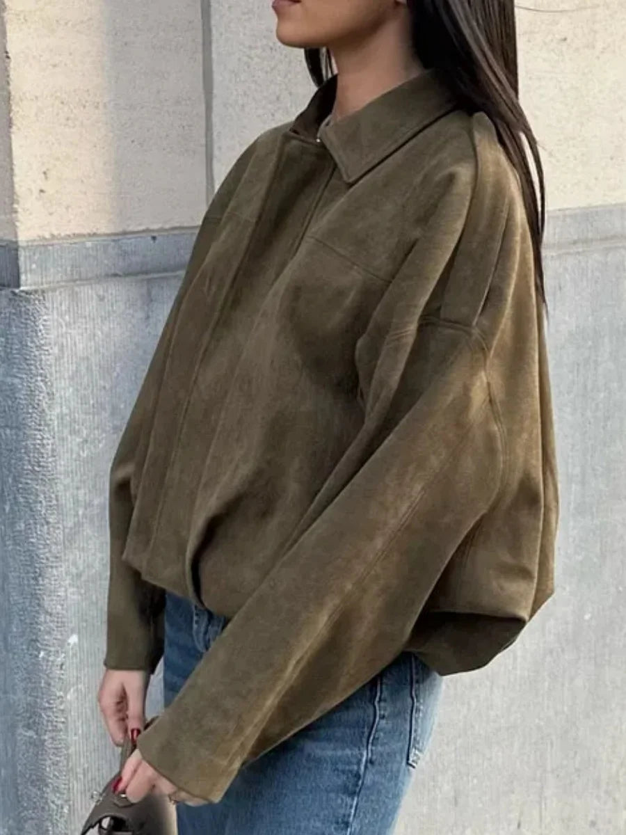 Vintage Suede Texture Bomber Jackets Women's Long Sleeve Loose Coats New Causal Autumn Winter Female Outerwear