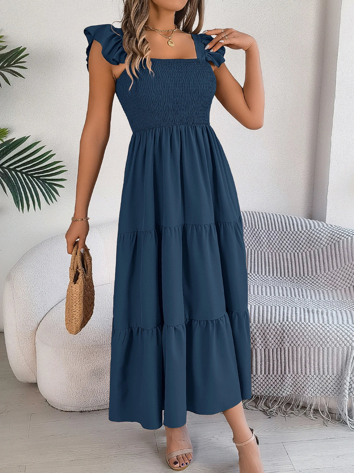 Spring Summer Solid Color Edible Tree Fungus Edge Square Neck Sleeveless Holiday Dress Elegant Long Dresses for Women Rose Blue