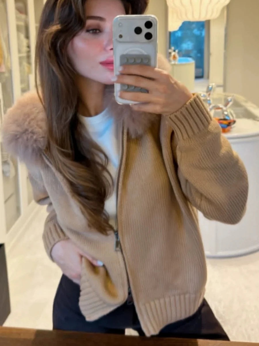Women Casual Solid Thick Knitted Cardigan Long Sleeve Zipper Patchwork Loose Fit Coats 2026 Autumn Winter Female Basic Knitwears