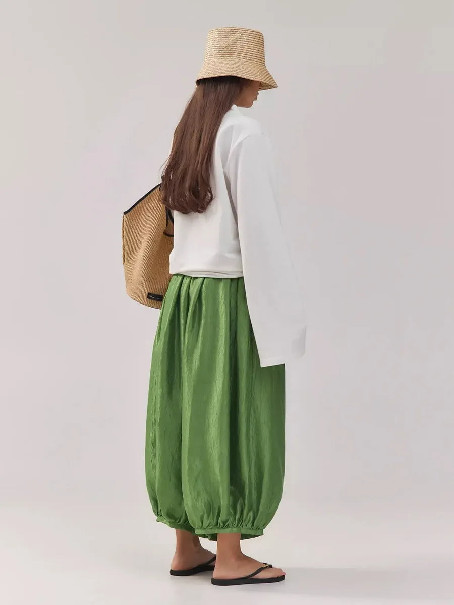 Women's Shiny Satin Solid Loose Fit Lantern Pants Elastic Waist Trousers Casual High Waist Commute Puffy Balloon Streetwear