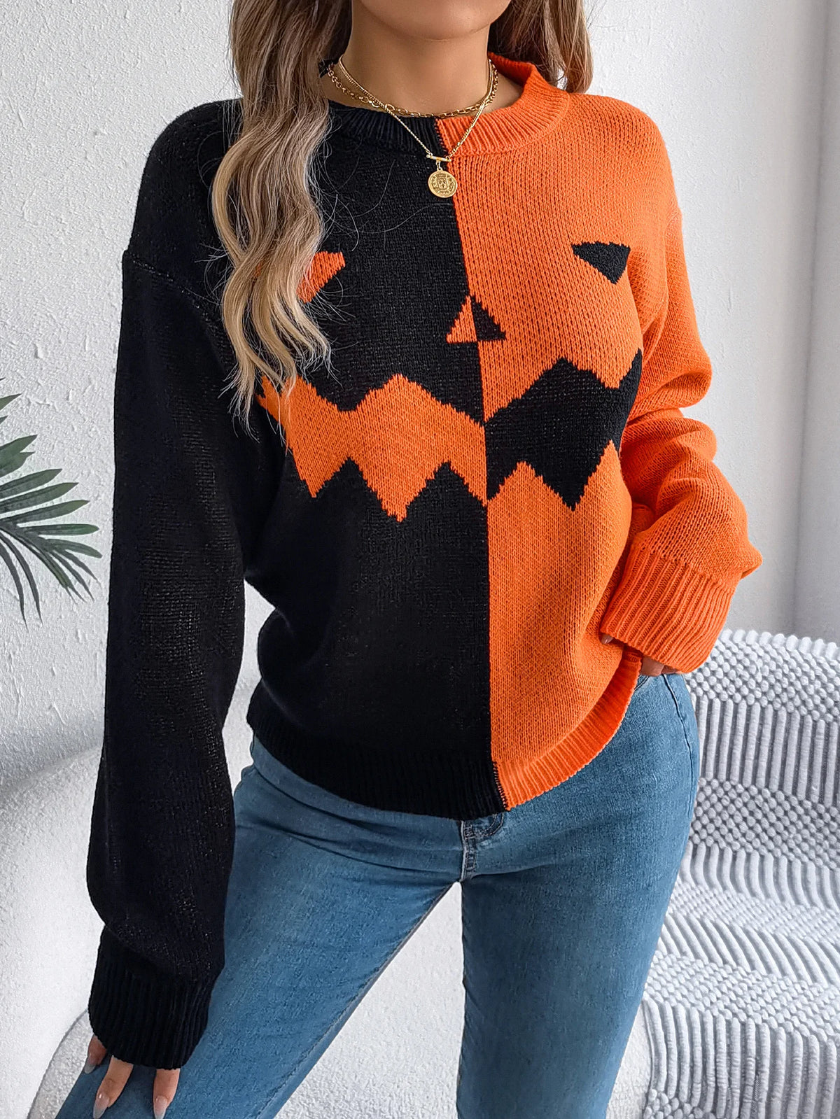 Halloween Women's Contrast Color Pumpkin Pattern Sweaters 2026 Autumn Winter Casual Round Neck Long Sleeve Knitted Pullover