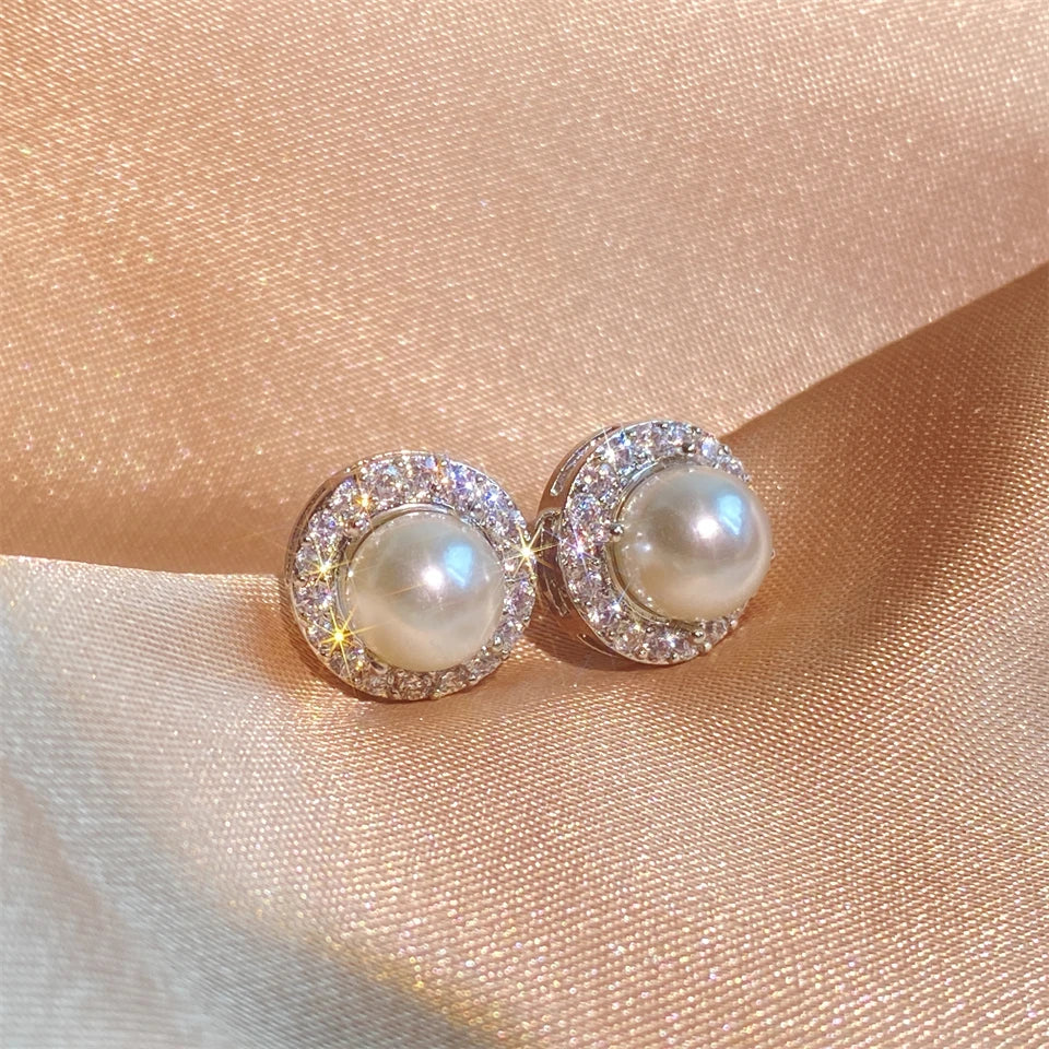 ZAKOL Delicate Light Blue CZ Stud Earrings Geometric Oval Zircon Imitation Pearl Earring for Women Fashion Jewelry Gifts