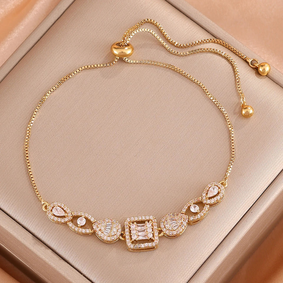 ZAKOL 1pc Shiny Geometric Cubic Zirconia Charm Bracelet for Women Gorgeous Crystal CZ Adjustable Chain Bracelets Wedding Jewelry