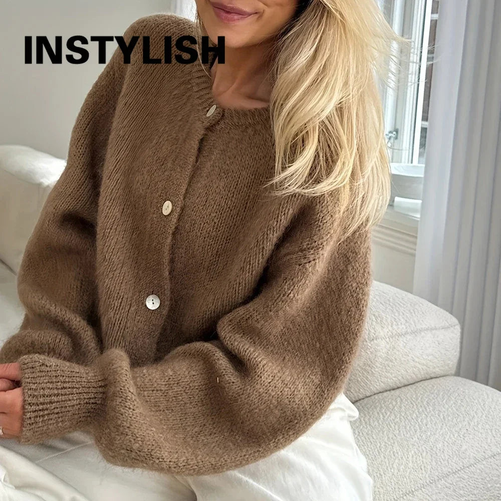 Women Mohair Knit Cardigan O Neck Elegant Lantern Long Sleeve Oversized Loose Fluffy Sweater Coat Autumn Winter Casual Knitwear