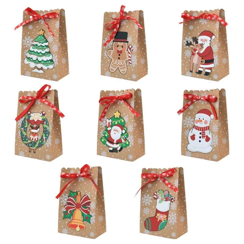 24pcs Christmas Paper Gift Bags with Banderole Candy Cookies Packaging Boxes Santa Claus Xmas Tree Home Party Decoration