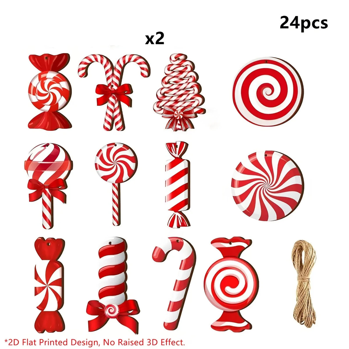 24/36Pcs Wood Peppermint Candy Cane Ornaments with Jute Rope - Red & White Swirl Suitable for Christmas Tree Decorations,Holiday