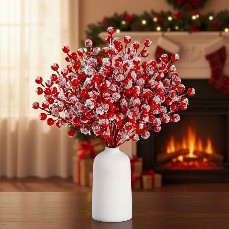 24 artificial red berries branches with snow frost branches - for Christmas trees, garlands,DIY, crafts,Christmas gift packaging