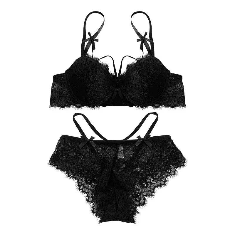 MOYISU Pure Broken Desire Girl Japanese Bow Sweet Tea Mousse Sexy Lace Panties Thin Halter Bra Set