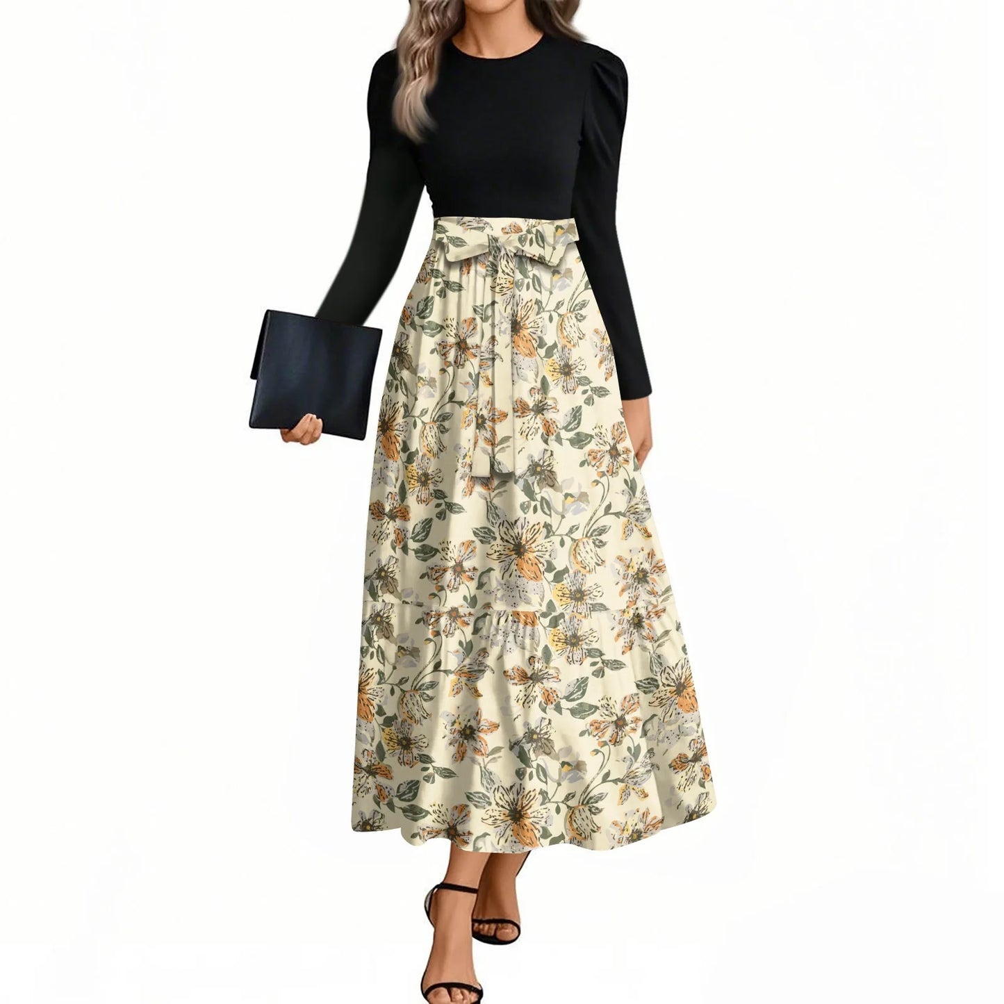Printed High-Waist Long Sleeve Maxi Dress – O-Neck 2026