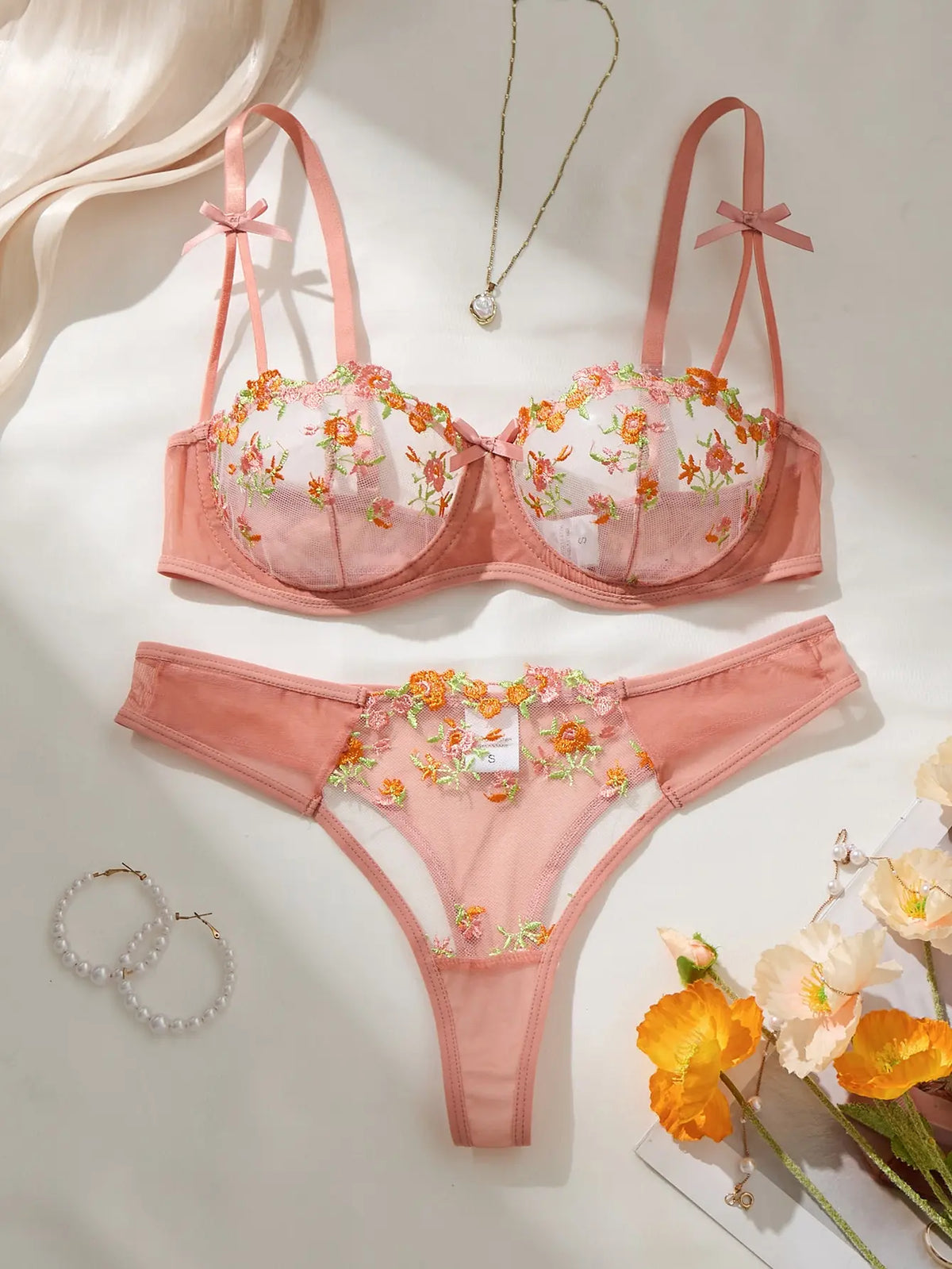 French Orange Floral Embroidery Lace Lingerie Set Sexy See-through Bra Support for Valentine's Party