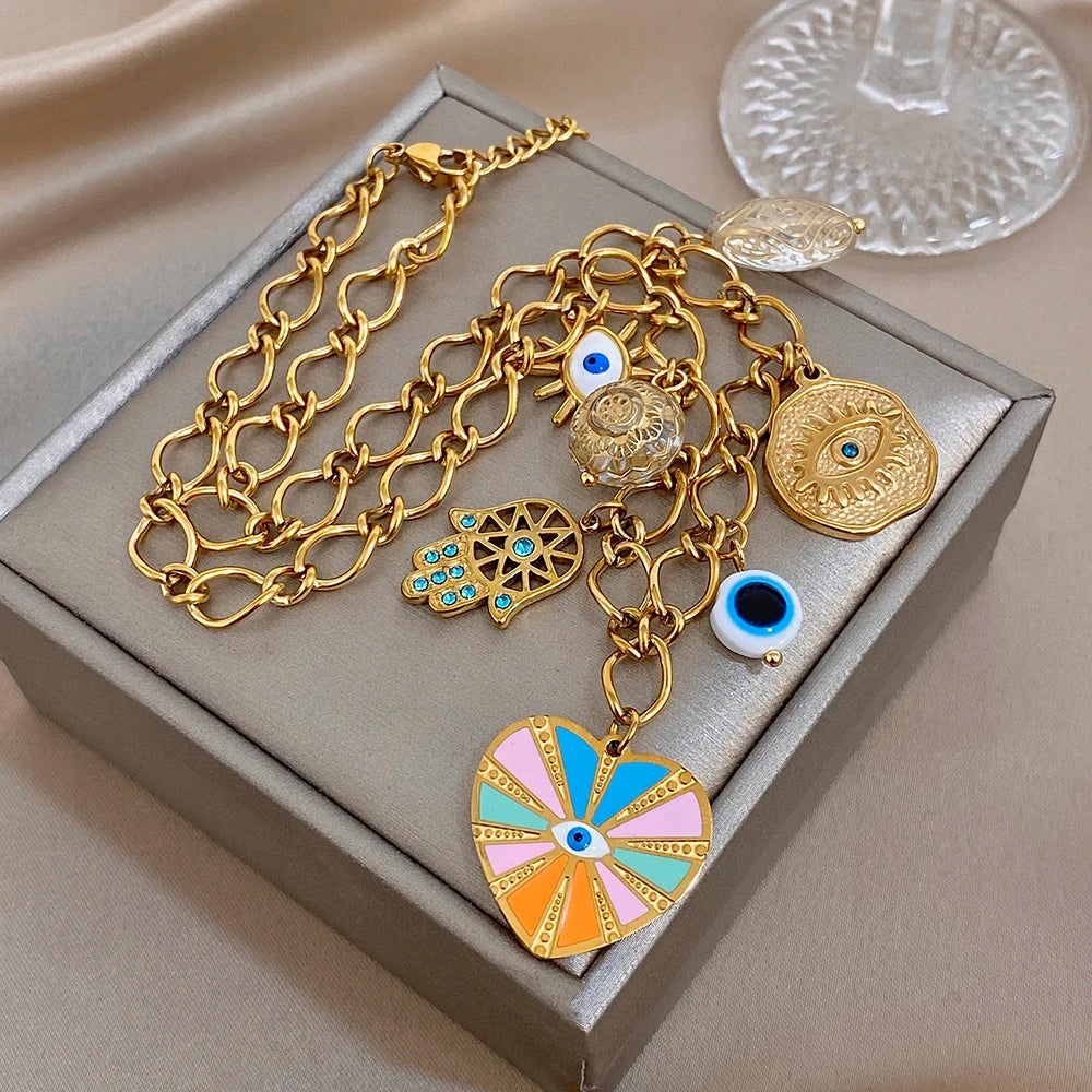 New Style Boho Women's Set Jewelry Vintage Devil's Eye Charm Enamel Heart Pendant Stainless Steel Necklace Bracelets Accessory