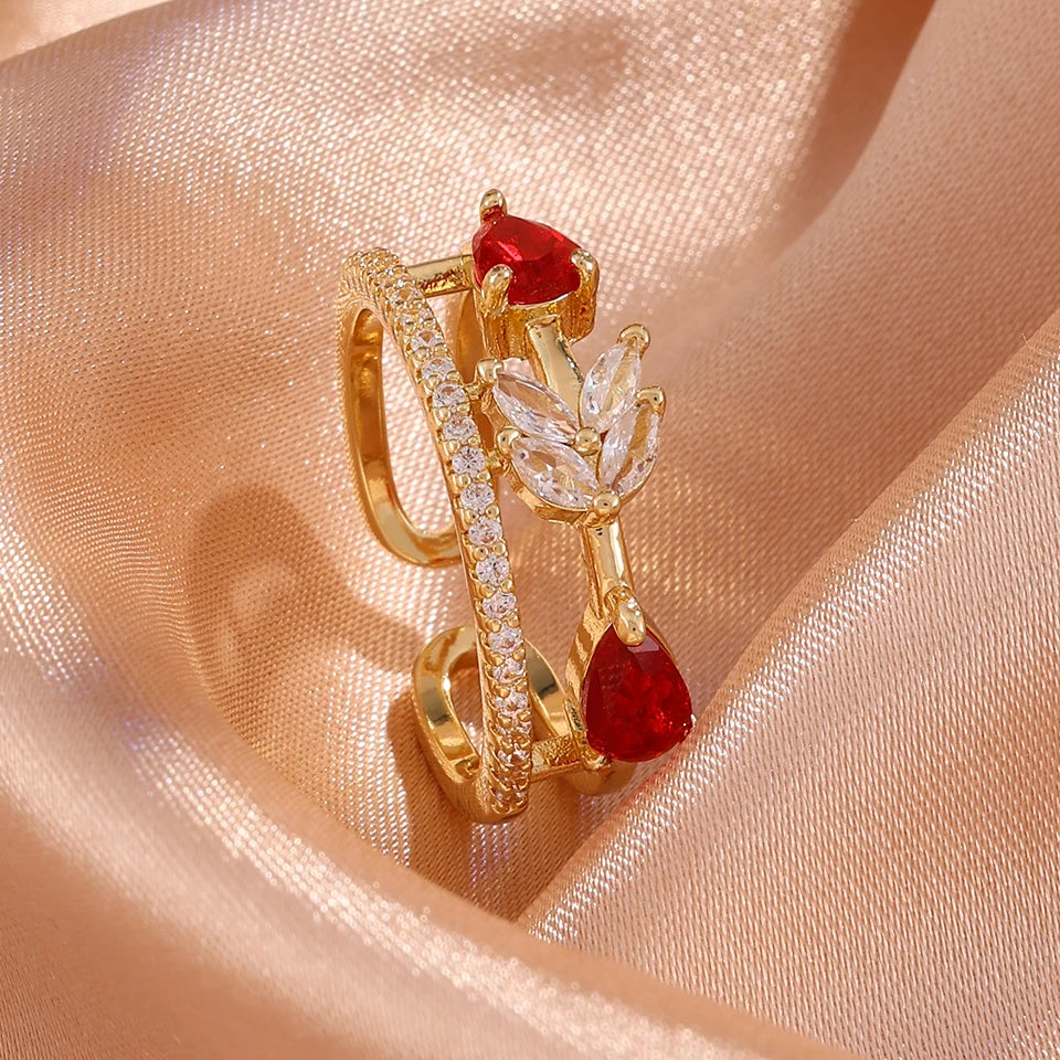 ZAKOL Women Fashion CZ Flower Leaf Open Cuff Bracelet Ring Set Cubic Zirconia Adjustable Bangle Ring Wedding Party Jewelry Set