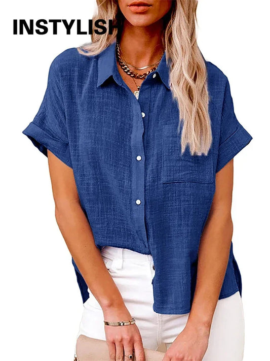 Casual Solid Short Sleeve Cotton Linen Loose Blouse Vintage Harajuku Oversized Shirt Elegant Tunic Summer Tops Women 2026 New
