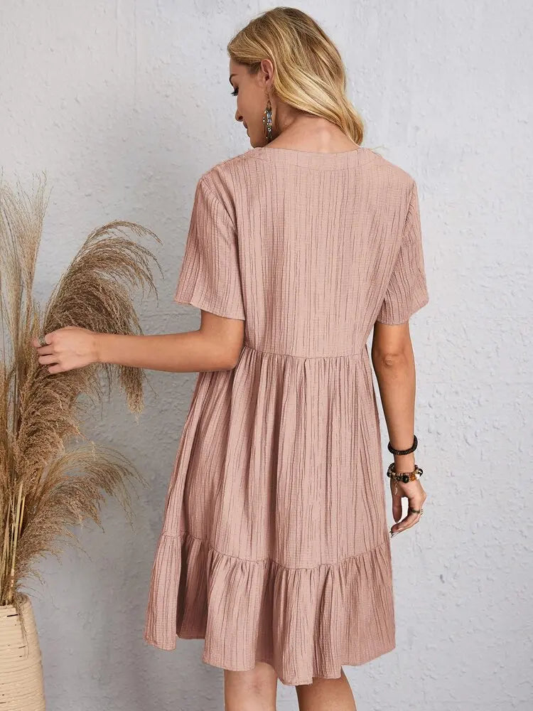 Women Elegant V Neck Ruffles Mini Dress Summer Vintage Solid Loose Sundress Bohemian Casual Solid Beach Party Vestidos