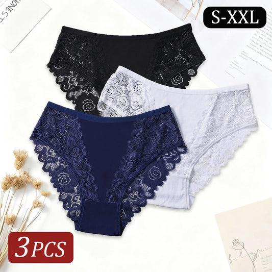 3PCS Elegant Sexy Floral Lace Cotton Patchwork Panties for Women Solid Color Comfortable Lingerie Hot Selling Underwear Ladies