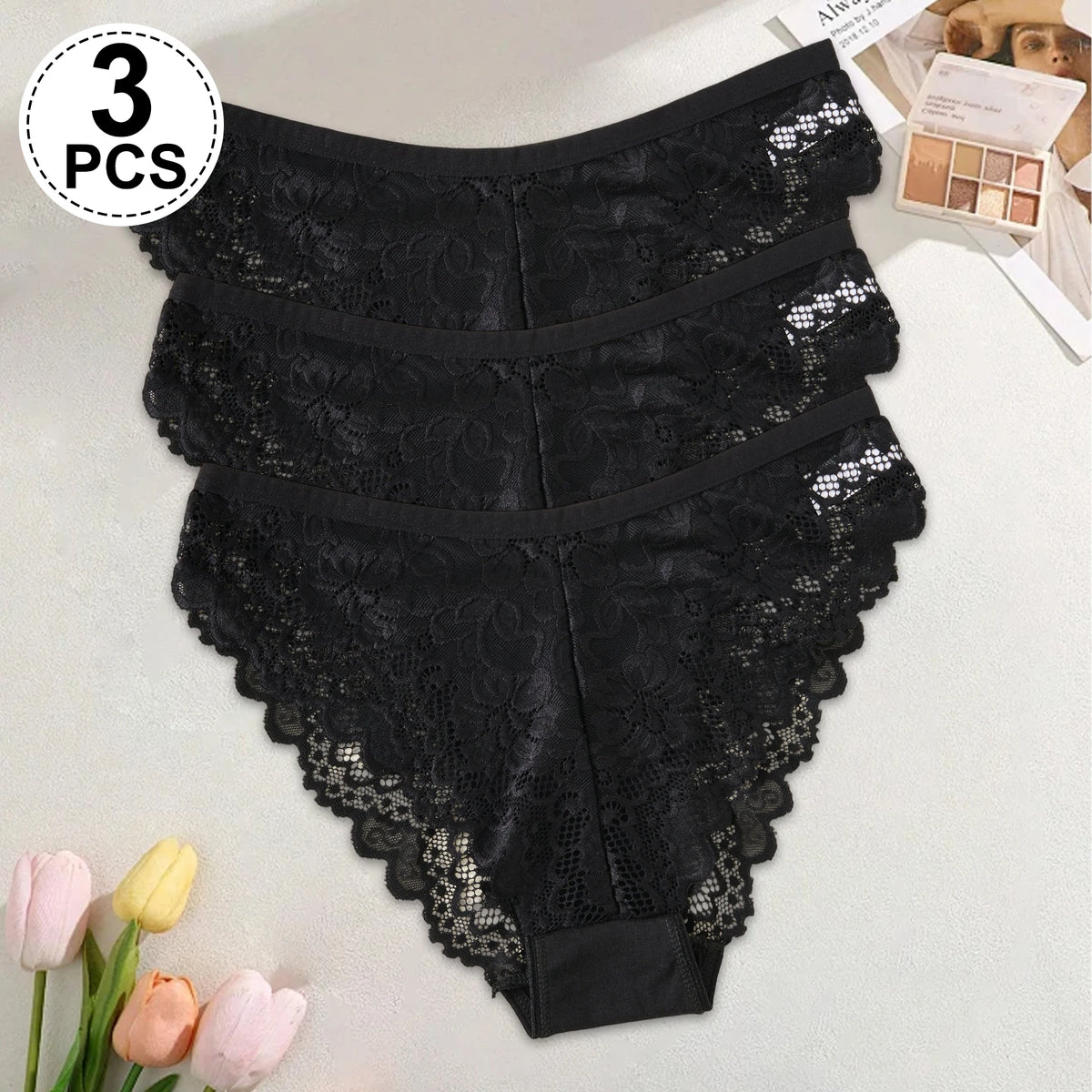 3PCS/Set Sexy Hollow Lace Black Underwear Breathable Female Intimate Lingerie Solid Color Embroider Floral Panties трусы женские