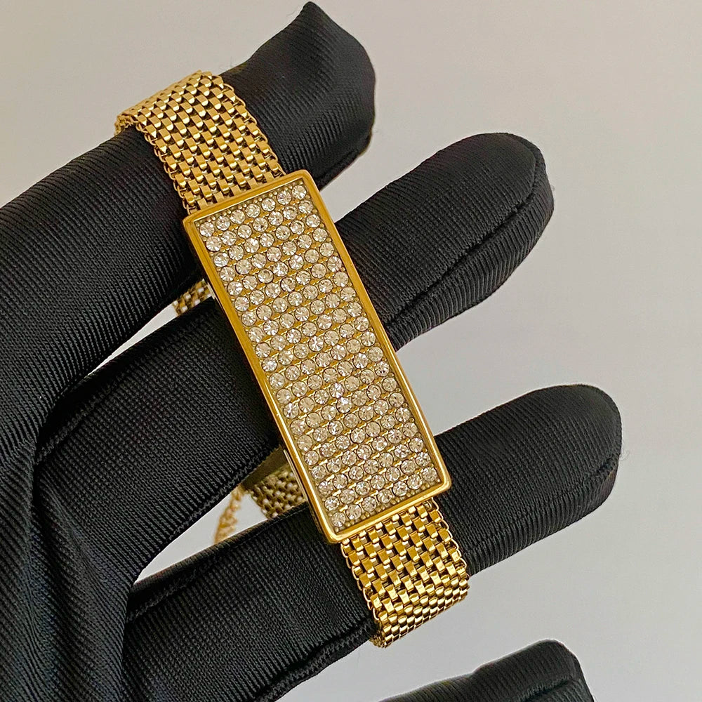 Fashion Chic Shiny Rhinestone Stainless Steel Bracelets For Women Men Statement Golden Fashion Jewlery Couple Friendship Gift