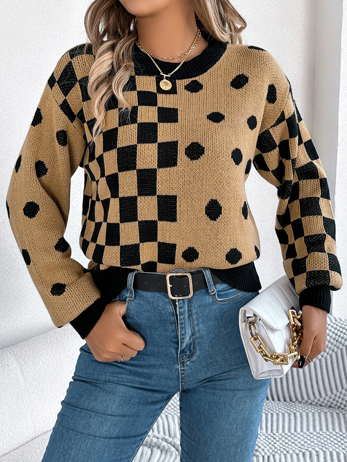  Autumn Winter Casual Contrasting Grid Dot Long Sleeve Knitted Pullover Fashion New Year and Christmas Sweater Women Clothes