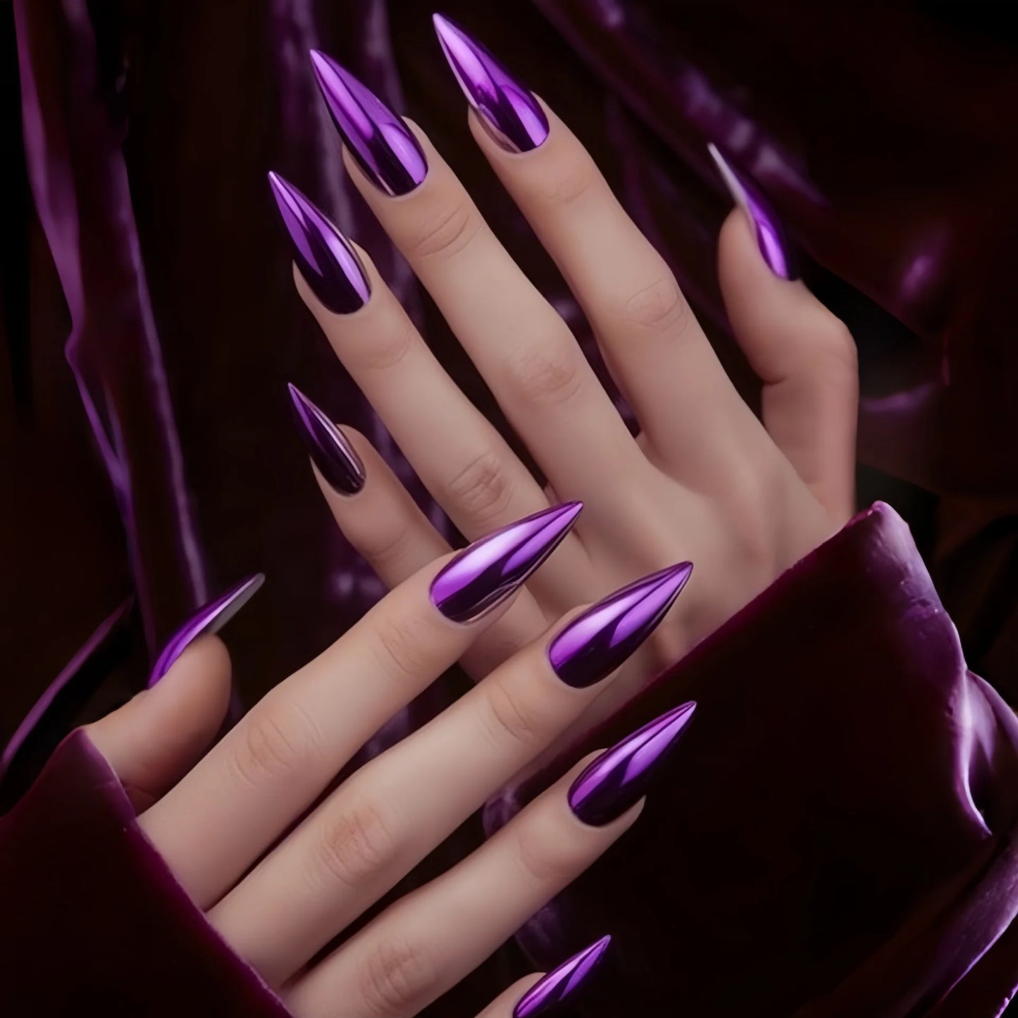 Medium long fake nails for women glossy Holographic Plated Purple waterdrop shape full cover reusable press on Artificial nails